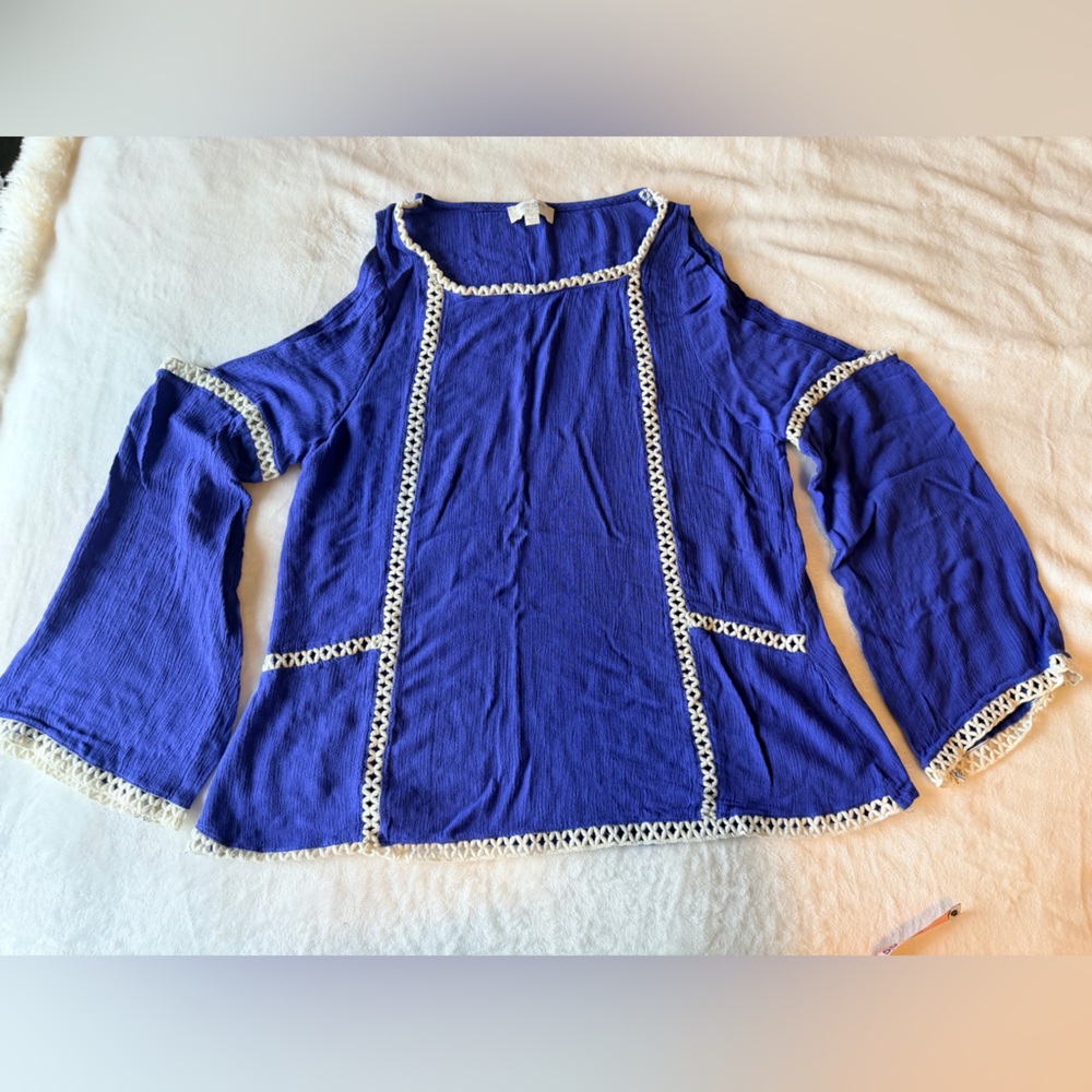Umgee Blue Boho Crochet Trim Peasant Blouse Small